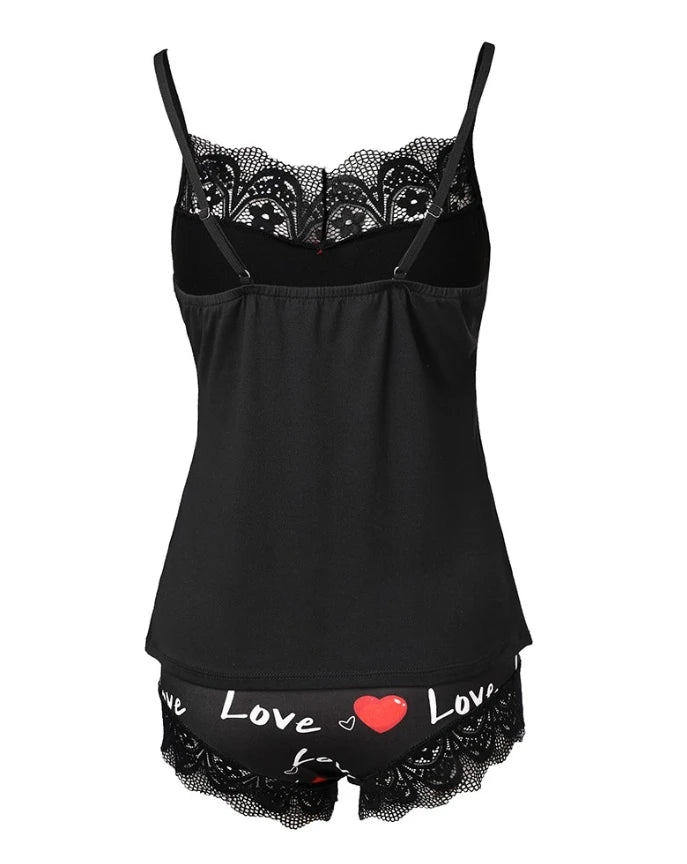 Two Piece Set Women Outfit 2025 Valentine's Day Love Heart Print Contrast Lace Sleeveless Cami Top & Home Shorts Pajama Set - The Genie Store