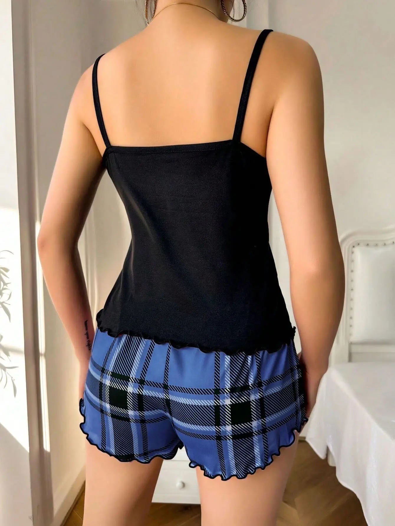 Women Sexy Suspender Shorts Thin Pajamas Letter Print Plaid Shorts Large Pajamas Romantic Home Wear Sexy Nightwear Short Pajama - The Genie Store