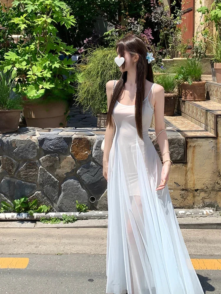 Korean Style Sweet Women's Mesh Backless Suspender Dress Summer New Fashion Y2K Party Women Waist Up Vacation Style Midi Dress - The Genie Store