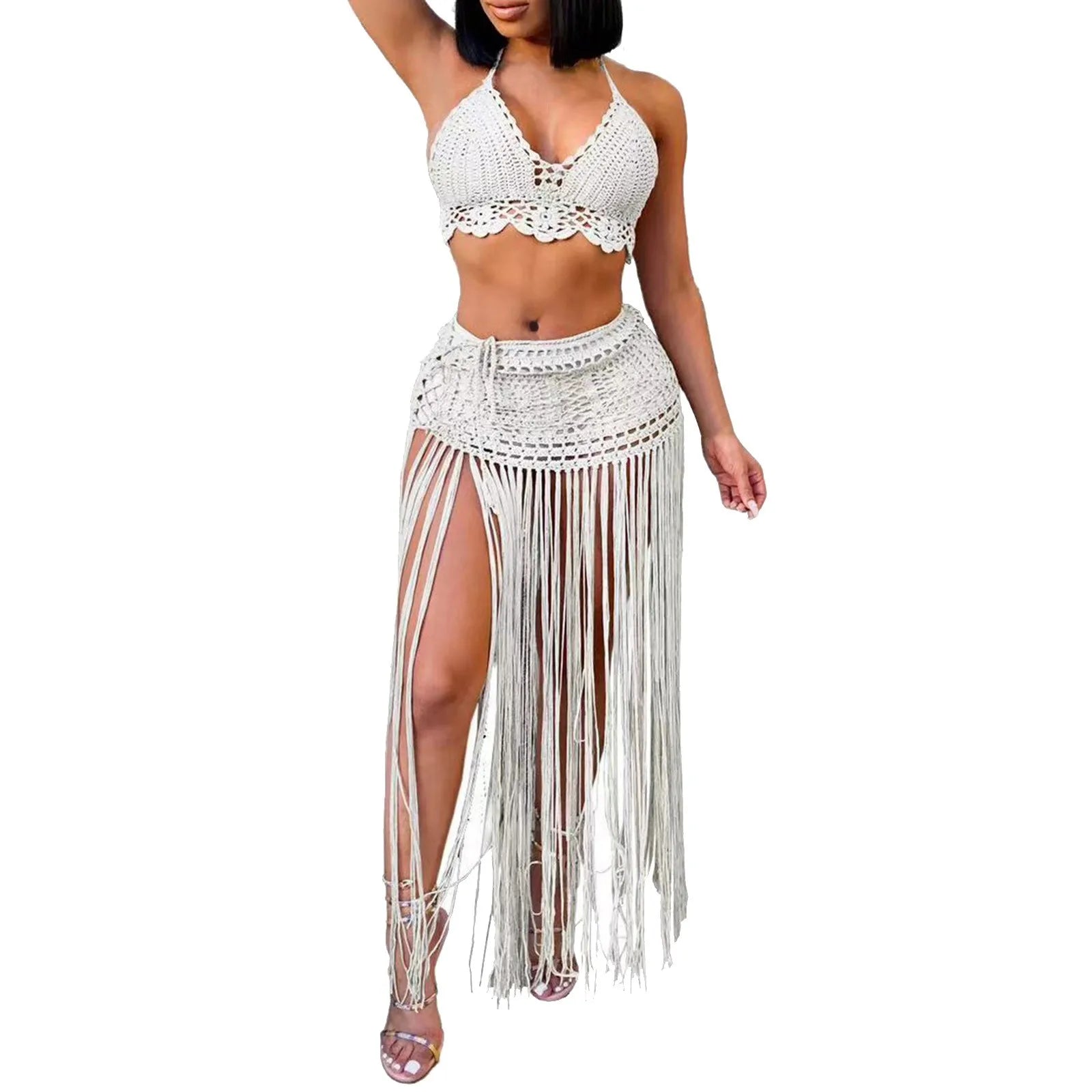 Women'S Two Piece Swimsuit Beach Cover Up Fashion Solid Colour Knitted High Waist Tassel Long Skirt Swimsuit Cover Up Bikini - The Genie Store