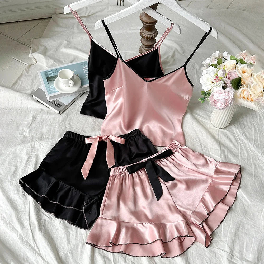 Women's Smooth Satin Pajamas V-Neck T-Shirt Ruffled Edges And Bow Shorts Simple And Breathable Pajama Set Sling Home Clothing - The Genie Store