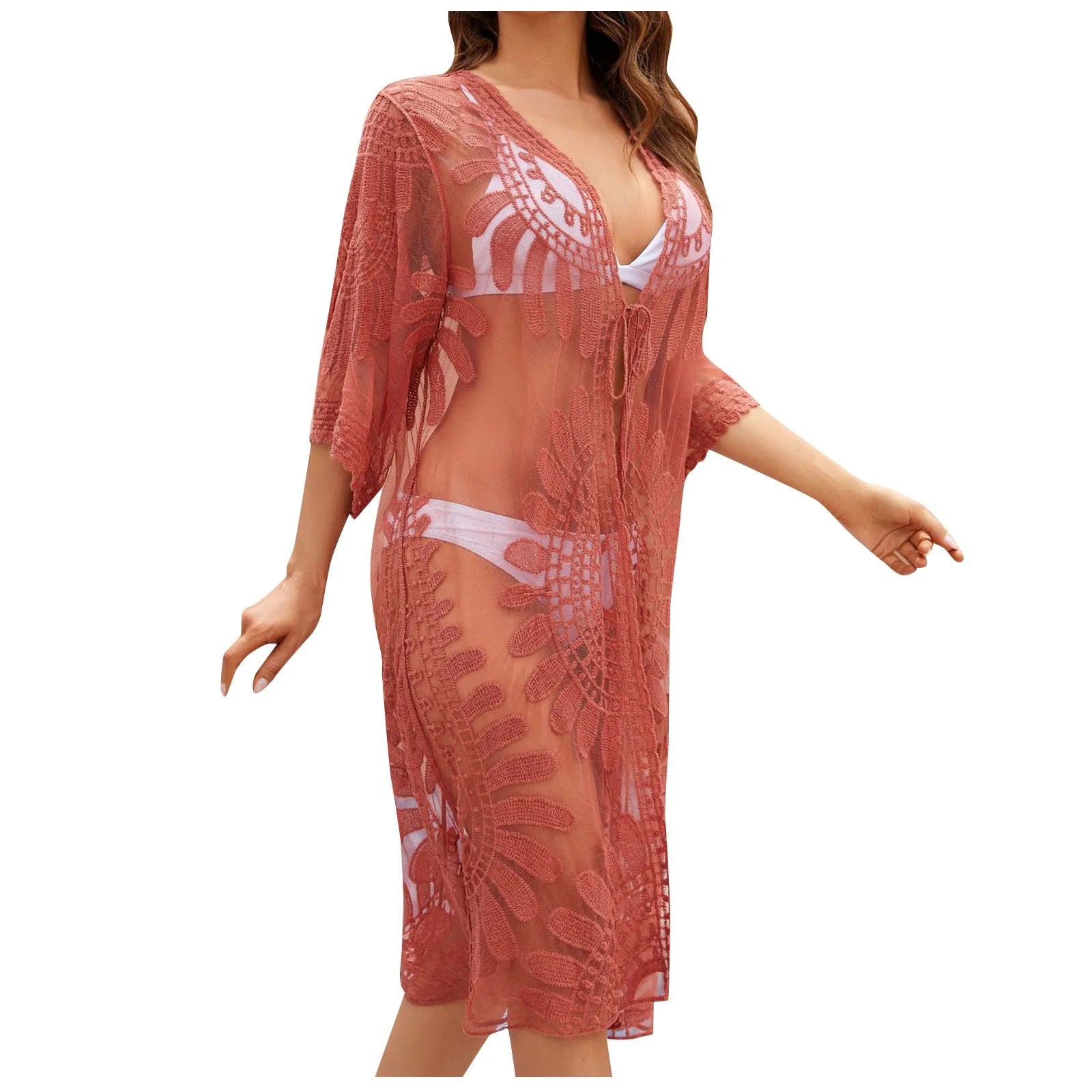 Lace Embroidered Kimono For Women Swimwear Beach Cover Up Blouse Summer Holiday Cardigan Solid Short Sleeve Long Swimsuit - The Genie Store
