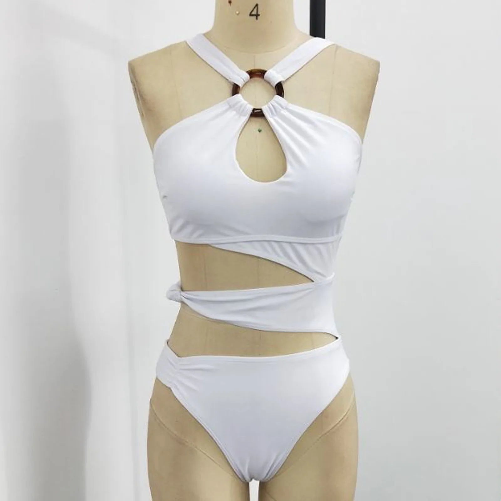Sexy Halter Irregular Cutting Bikini Set Push-Up Bra Padded Swimsuit White Slim Beachwear High Leg Cut Loop Design Swimwear 수영복 - The Genie Store