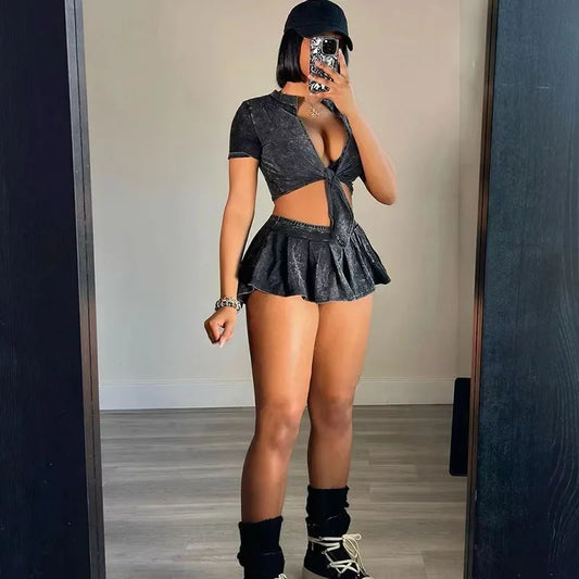Streetwear Party Club Co Ord Sets for Women 2 Piece Set Outfit Summer Lace-up Crop Top and Mini Skirt Sets Conjuntos Para Vestir - The Genie Store