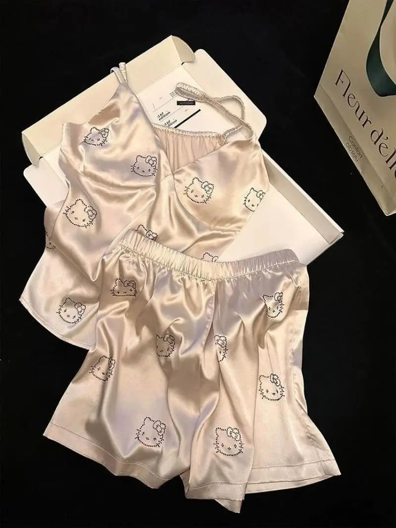 Sanrio Ice Silk Pajamas Hello Kittys Summer Cute Suspenders Shorts Suit Sweet Casual Breathable Cartoon Comfortable Loose Gifts - The Genie Store