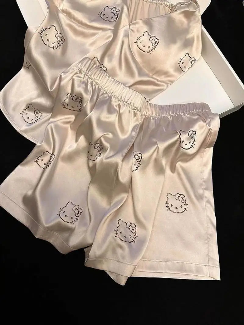 Sanrio Ice Silk Pajamas Hello Kittys Summer Cute Suspenders Shorts Suit Sweet Casual Breathable Cartoon Comfortable Loose Gifts - The Genie Store