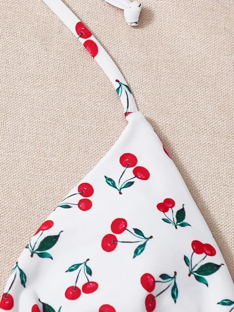 With Mesh Sarong Skirt Cherry Printed Bikini Female Swimsuit Women Swimwear Three Pieces Bikini Set Bathing Suit Swim Beachwear - The Genie Store