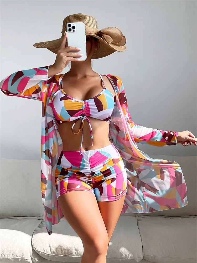 Women's Fashion Draw Rope Swimsuit Print High Waist Long Sleeve Smock Split Three Piece Bikini Set Swimwear - The Genie Store