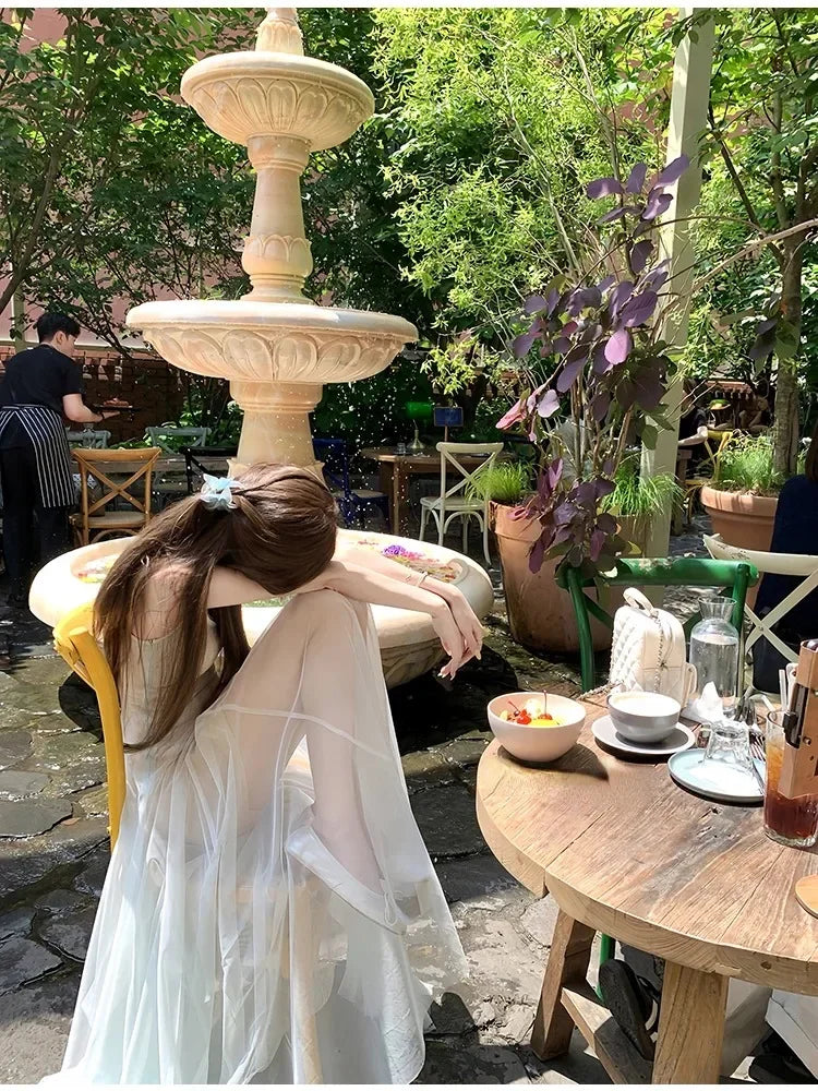 Korean Style Sweet Women's Mesh Backless Suspender Dress Summer New Fashion Y2K Party Women Waist Up Vacation Style Midi Dress - The Genie Store