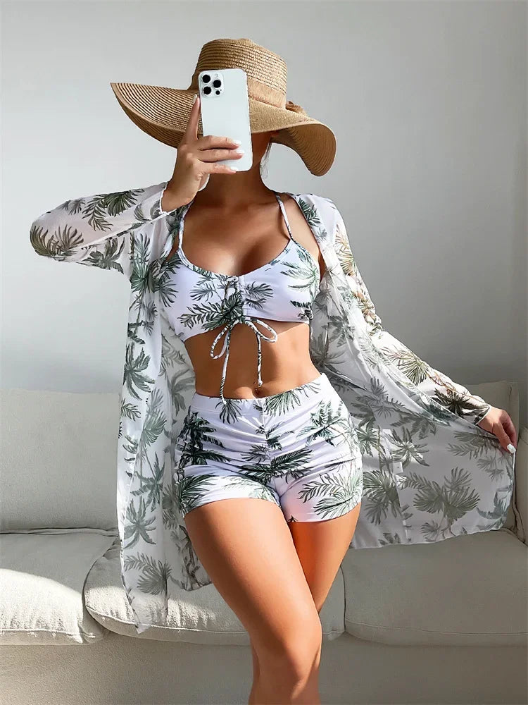 Women's Fashion Draw Rope Swimsuit Print High Waist Long Sleeve Smock Split Three Piece Bikini Set Swimwear - The Genie Store