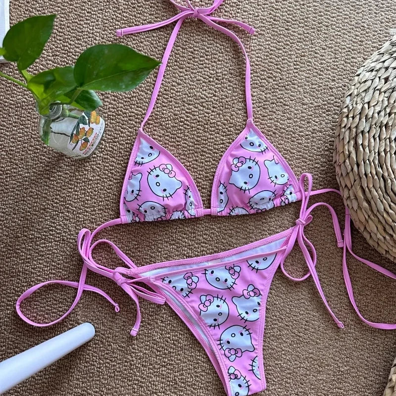 Hello kitty Cute Sexy Bikinis Set Print Bikini Swimsuit Women Swimwear Beachwear Lingerie Girls Elasticity Slips on Vacation - The Genie Store