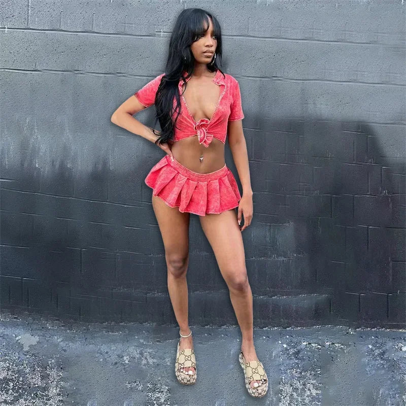 Streetwear Party Club Co Ord Sets for Women 2 Piece Set Outfit Summer Lace-up Crop Top and Mini Skirt Sets Conjuntos Para Vestir - The Genie Store