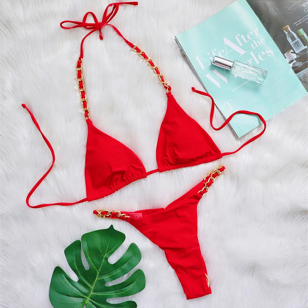 Metal Ring Halter Scrunch Butt Thong Bikini Women Swimwear Female Swimsuit Two-pieces Bikini set Bather Bathing Suit Swim V4391 - The Genie Store