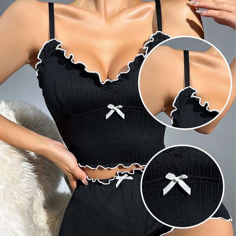 Ladies' Summer Two-Piece Ribbed Fabric Black V-Neck Camisole Crop Top and Shorts Sexy Casual Pajama Set - The Genie Store