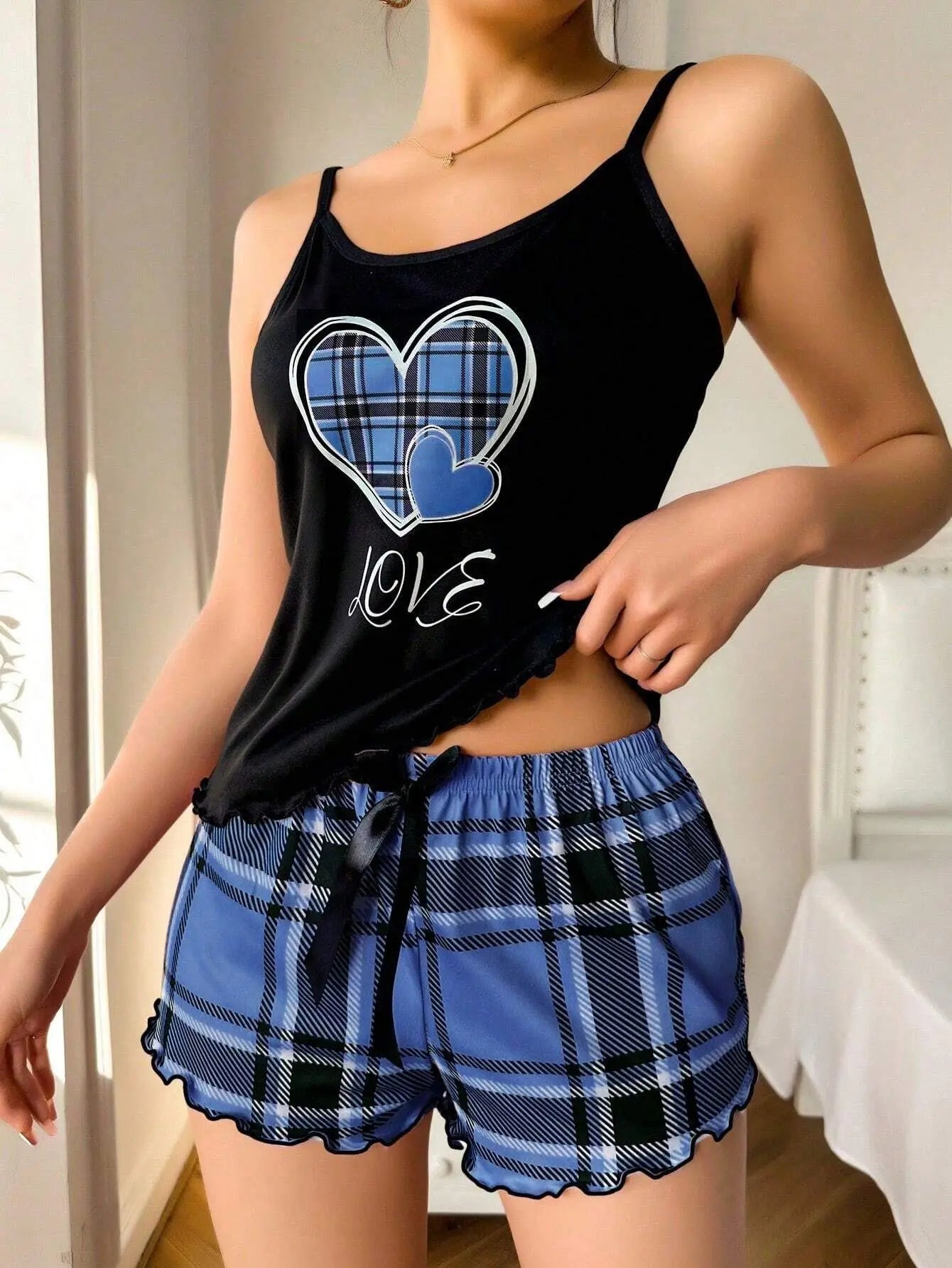 Women Sexy Suspender Shorts Thin Pajamas Letter Print Plaid Shorts Large Pajamas Romantic Home Wear Sexy Nightwear Short Pajama - The Genie Store