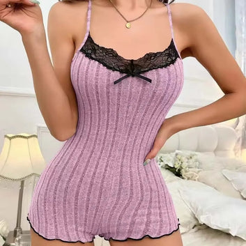 Women's Suspenders Lace Trim And Bow Design Pajamas Sleeveless V-Neck Pajamas Set Sleepwear Suit Sexy Solid Home Clothes Summer