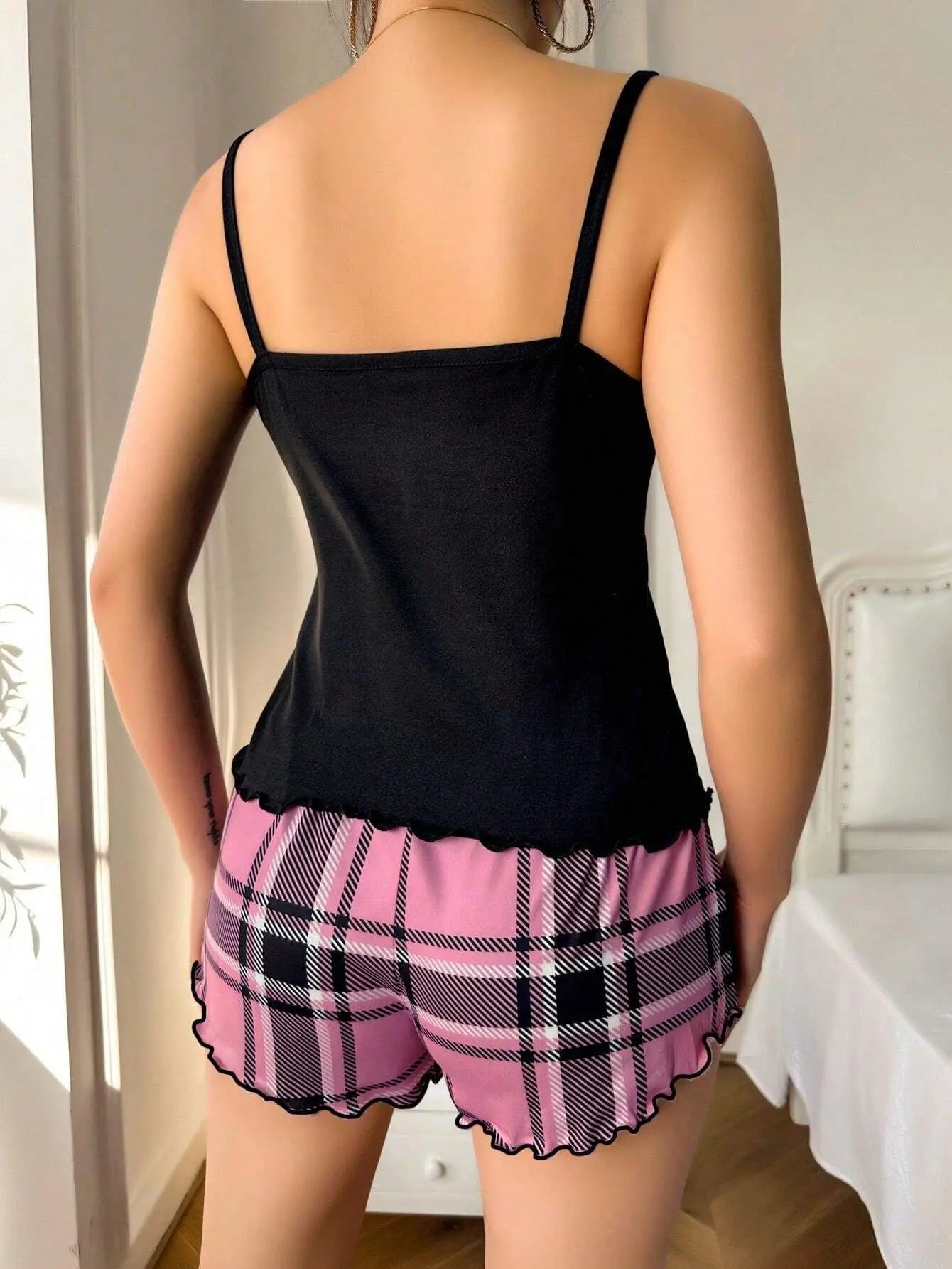 Women Sexy Suspender Shorts Thin Pajamas Letter Print Plaid Shorts Large Pajamas Romantic Home Wear Sexy Nightwear Short Pajama - The Genie Store