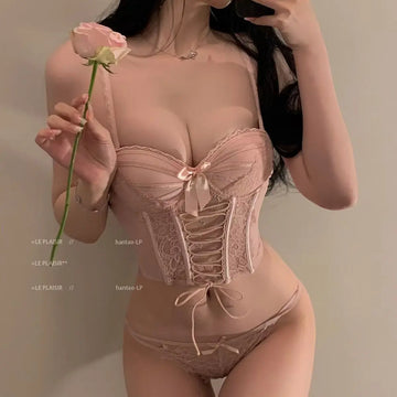 Sexy Lace Bra Set Sweet Fishbone Halter Tank Top with Bra Pads Gathered Top Thin Bottom Thick Design Women's Lingerie Set