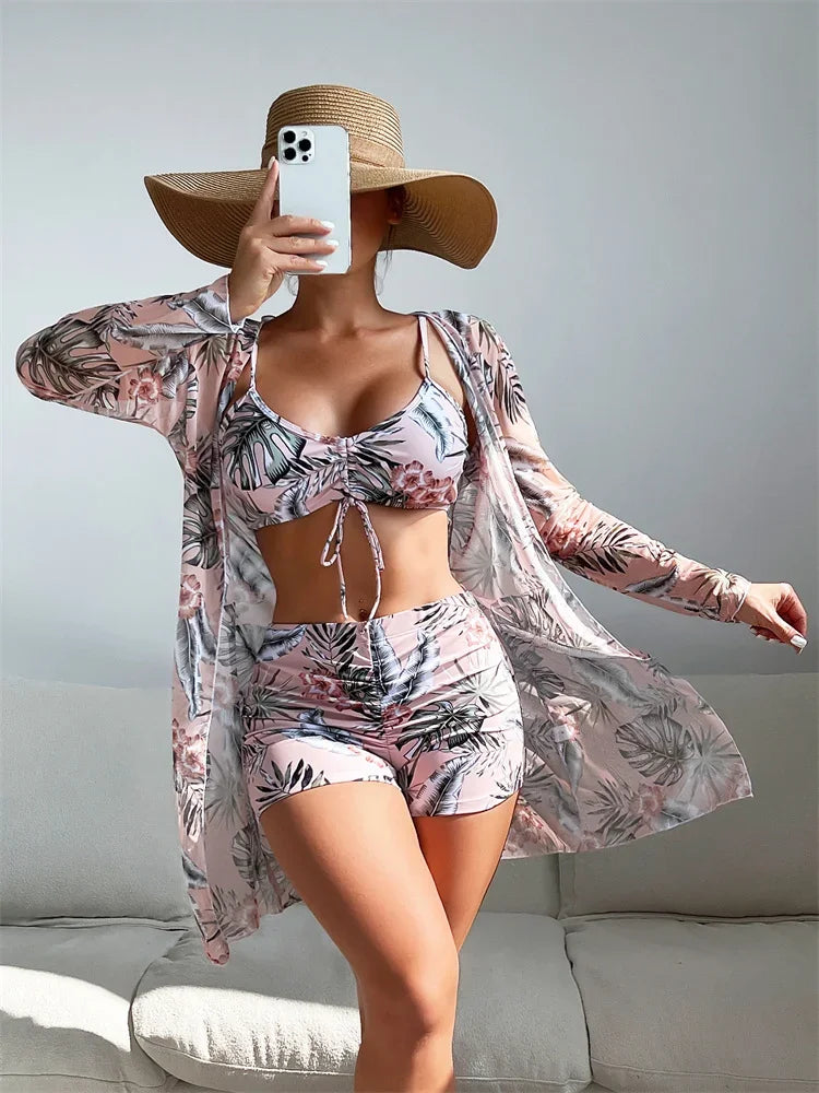Women's Fashion Draw Rope Swimsuit Print High Waist Long Sleeve Smock Split Three Piece Bikini Set Swimwear - The Genie Store