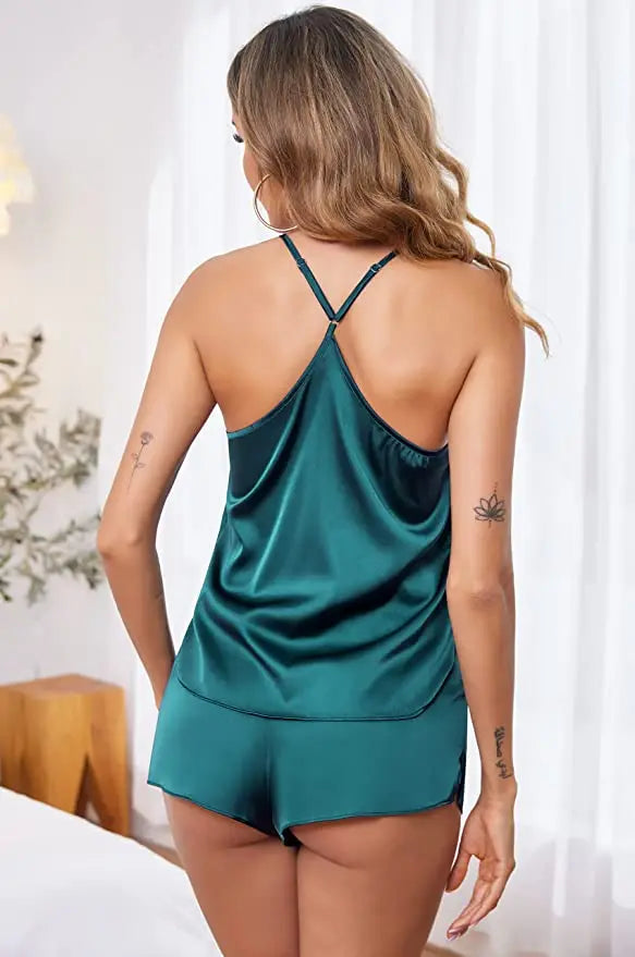 Women's Sleepwear Sexy Lace Satin Pajama Sets Nightwear Sleeveless Tops+Shorts 2 Pcs Sets Pyjama Sets For Women Pijama - The Genie Store