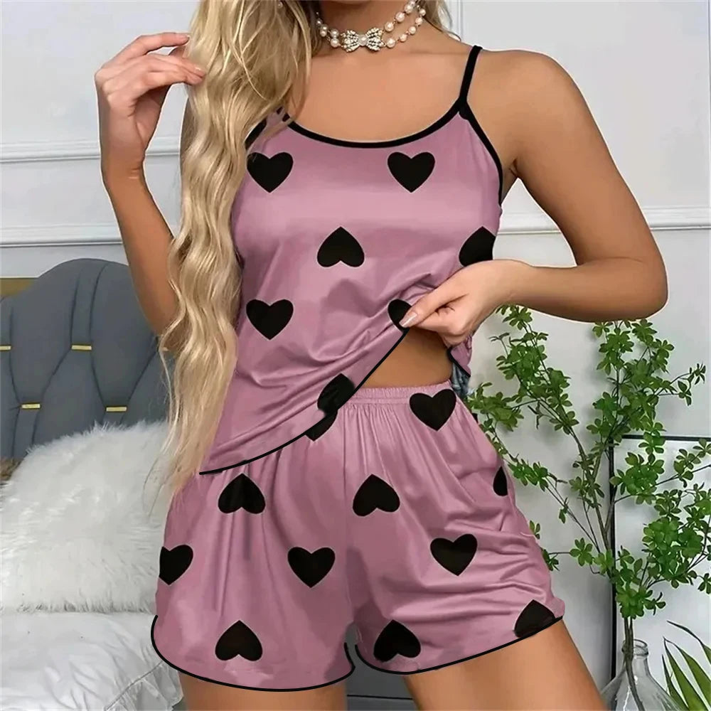 Women's Pajama Set Pajamas T-Shirts Shorts Pink Heart-Shaped Print Round Neck T-Shirt Ice Silk Top Comfortable Casual Summer  - The Genie Store