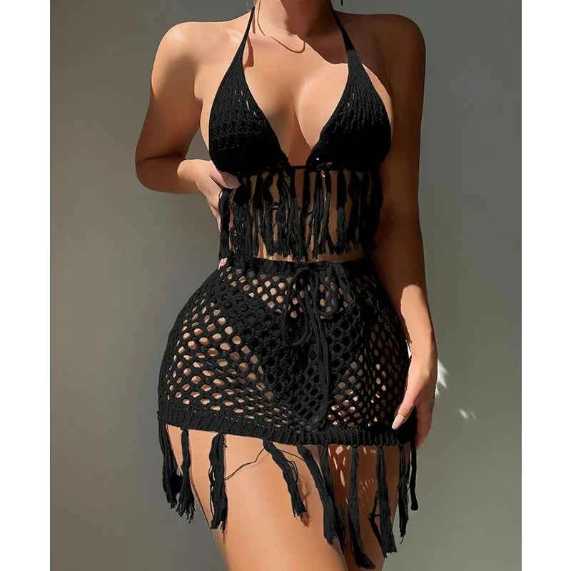 Two-piece Crochet Teens Women Sexy Bikini Cover Up Set Binding Rope Tassel Swimsuit Summer Holiday Knitting Beach Wear