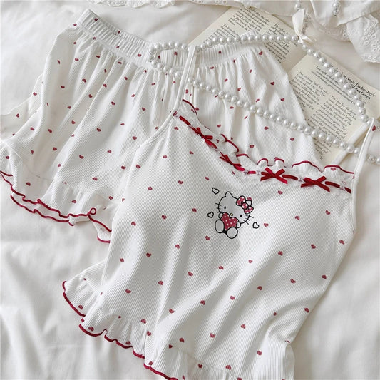 Women's Pajamas Hello Kitty Comfort Vest And Shorts Set Anime Cute Girl Casual  Summer Suspender Shorts  Set - The Genie Store