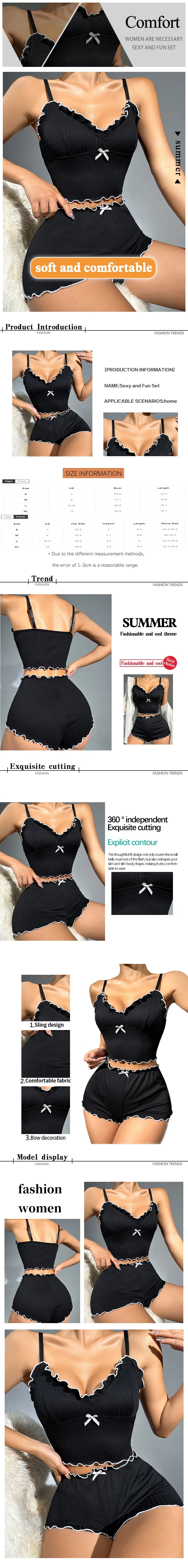 Ladies' Summer Two-Piece Ribbed Fabric Black V-Neck Camisole Crop Top and Shorts Sexy Casual Pajama Set - The Genie Store