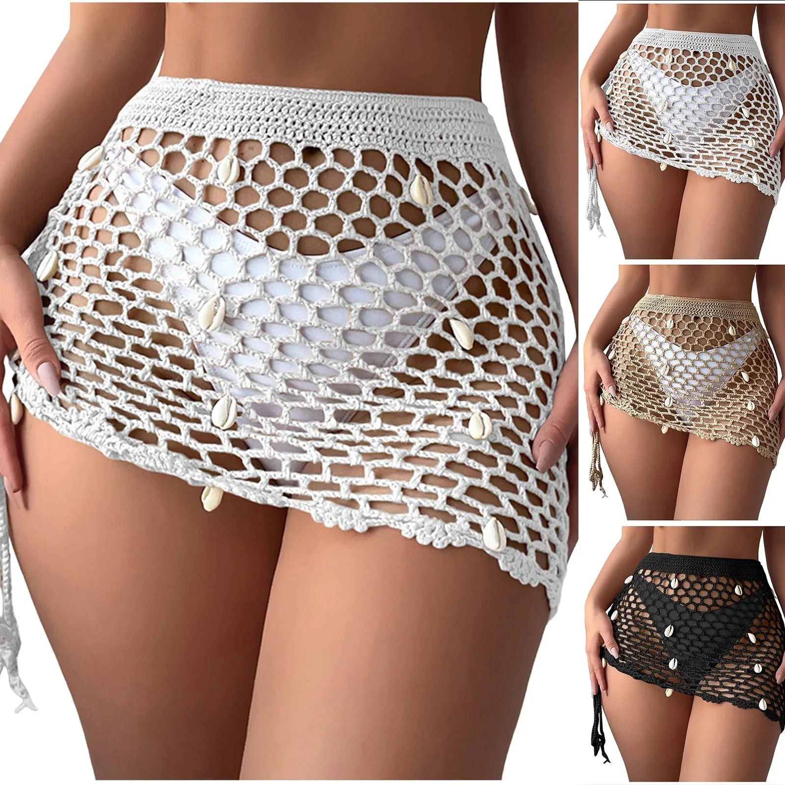 Sexy Women Mesh Bikini Cover Up Hollow Out Crochet Cover Up Triangle Shawl Wrap Scarf Sarong Fishnet Skirt For Beach Vacation - The Genie Store