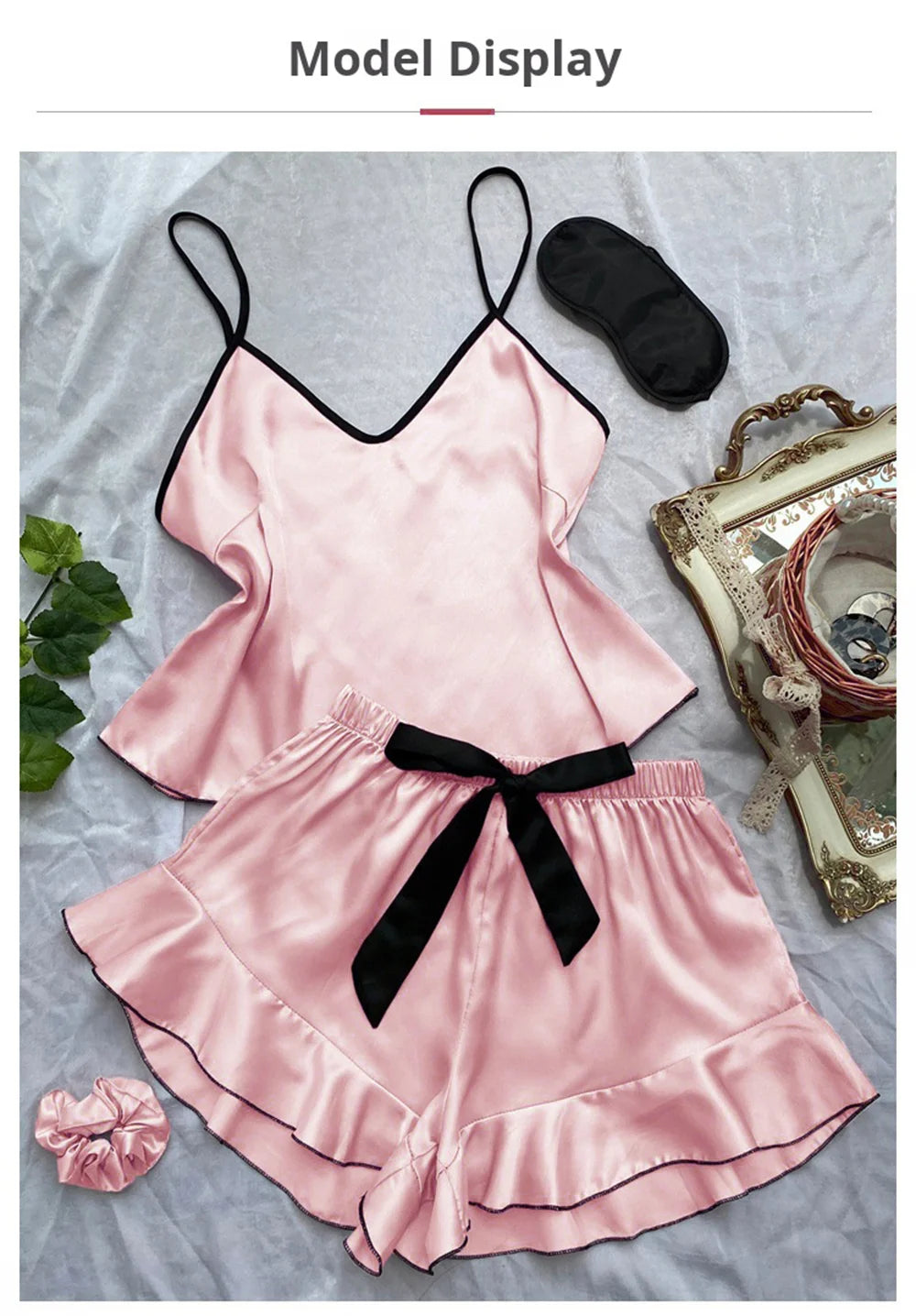 Women's Smooth Satin Pajamas V-Neck T-Shirt Ruffled Edges And Bow Shorts Simple And Breathable Pajama Set Sling Home Clothing - The Genie Store