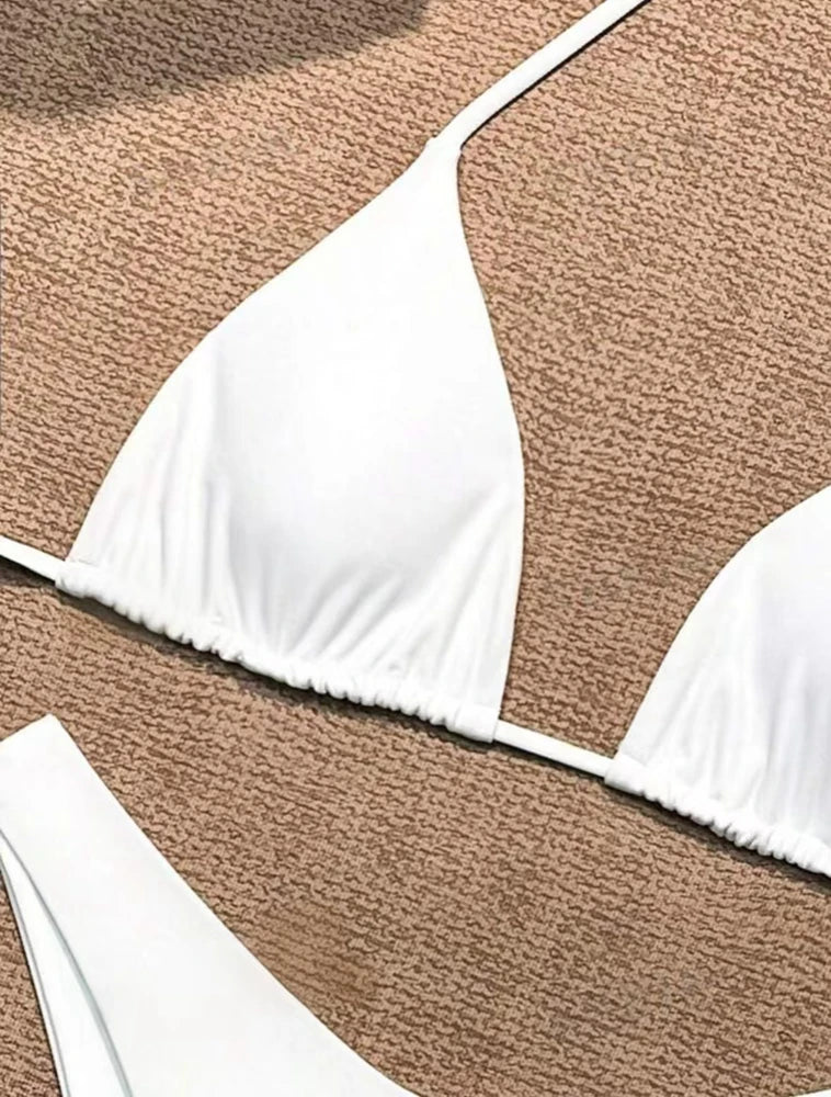 2025 Women White Bikini Chest Padded New Sexy Halter Bikini Two-Piece Set With Drawstring Straps Solid Brazilian Bathing Suit - The Genie Store