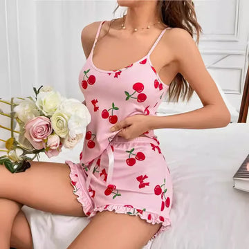 Summer New Women's Pajama Set Breathable Soft Casual Print Cami Top and Ruffle Shorts Sweet Home Strap Shorts Pajamas 
