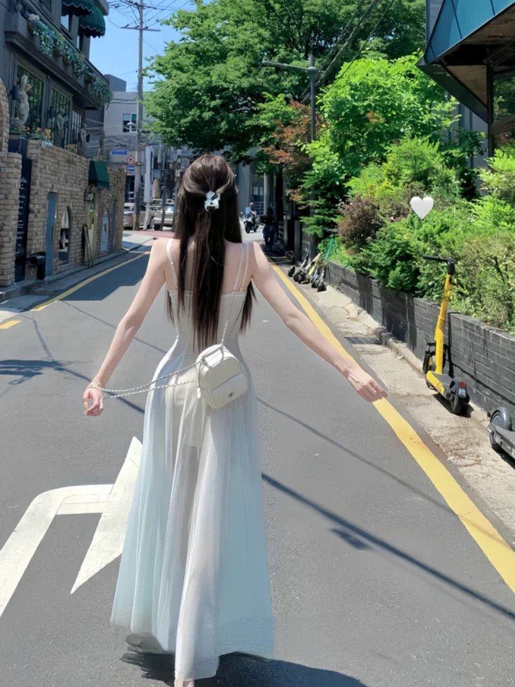 Korean Style Sweet Women's Mesh Backless Suspender Dress Summer New Fashion Y2K Party Women Waist Up Vacation Style Midi Dress - The Genie Store