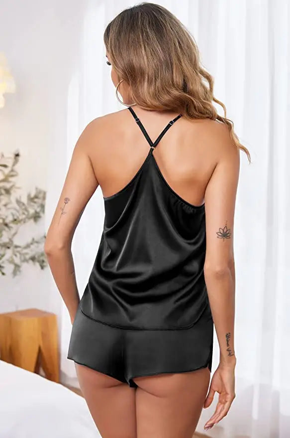 Women's Sleepwear Sexy Lace Satin Pajama Sets Nightwear Sleeveless Tops+Shorts 2 Pcs Sets Pyjama Sets For Women Pijama - The Genie Store