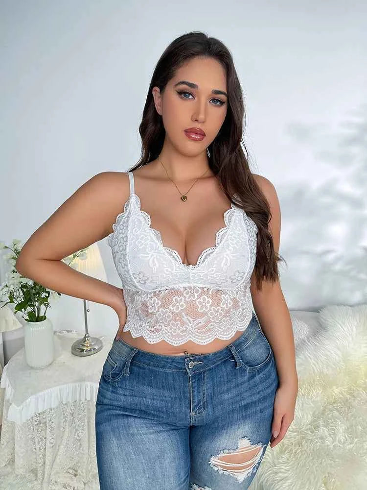 Sexy Plus Size Bra Lingerie Women's V-Neck Lace Floral Embroidery Longline High Stretch Elegant Vest Feminino - The Genie Store
