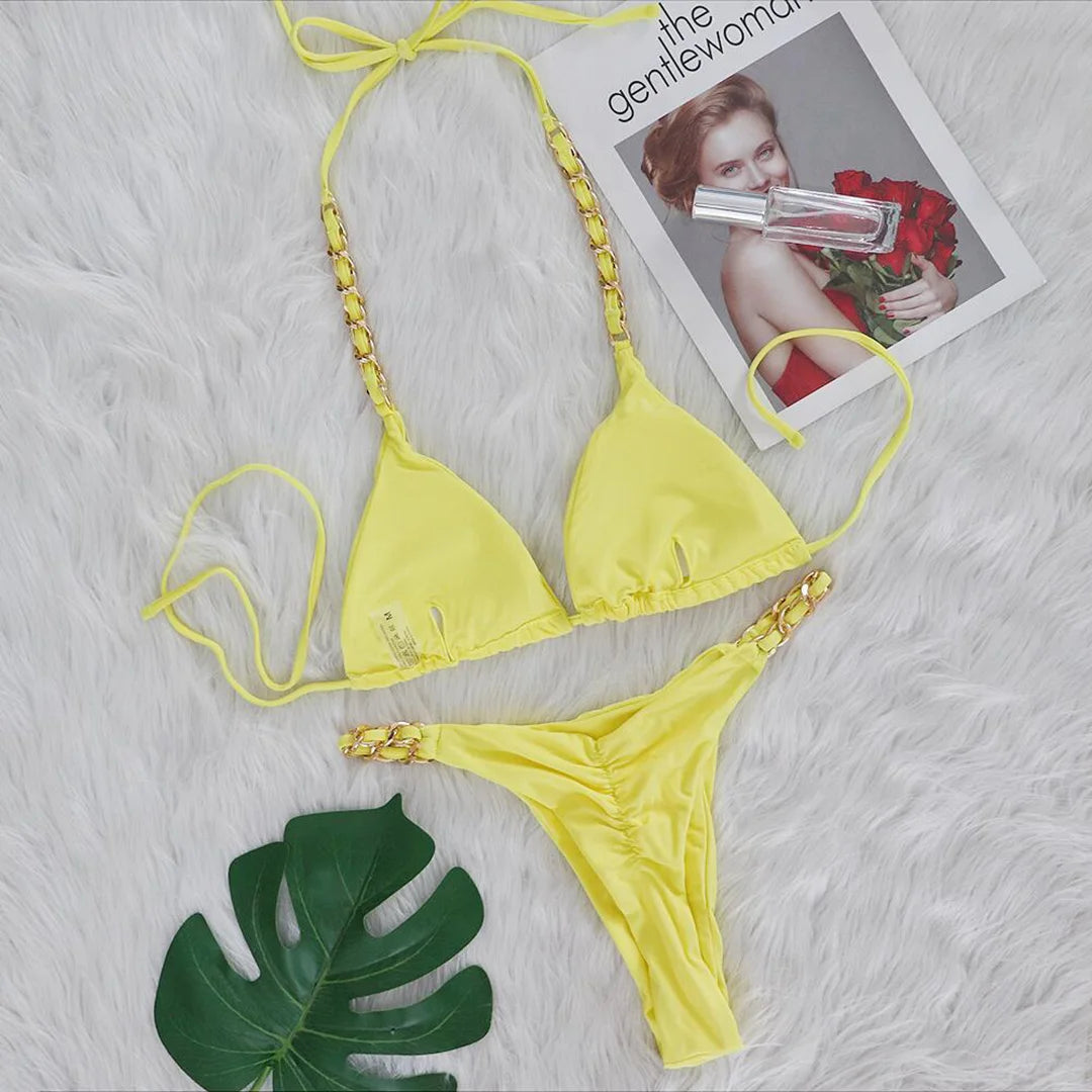 Metal Ring Halter Scrunch Butt Thong Bikini Women Swimwear Female Swimsuit Two-pieces Bikini set Bather Bathing Suit Swim V4391 - The Genie Store