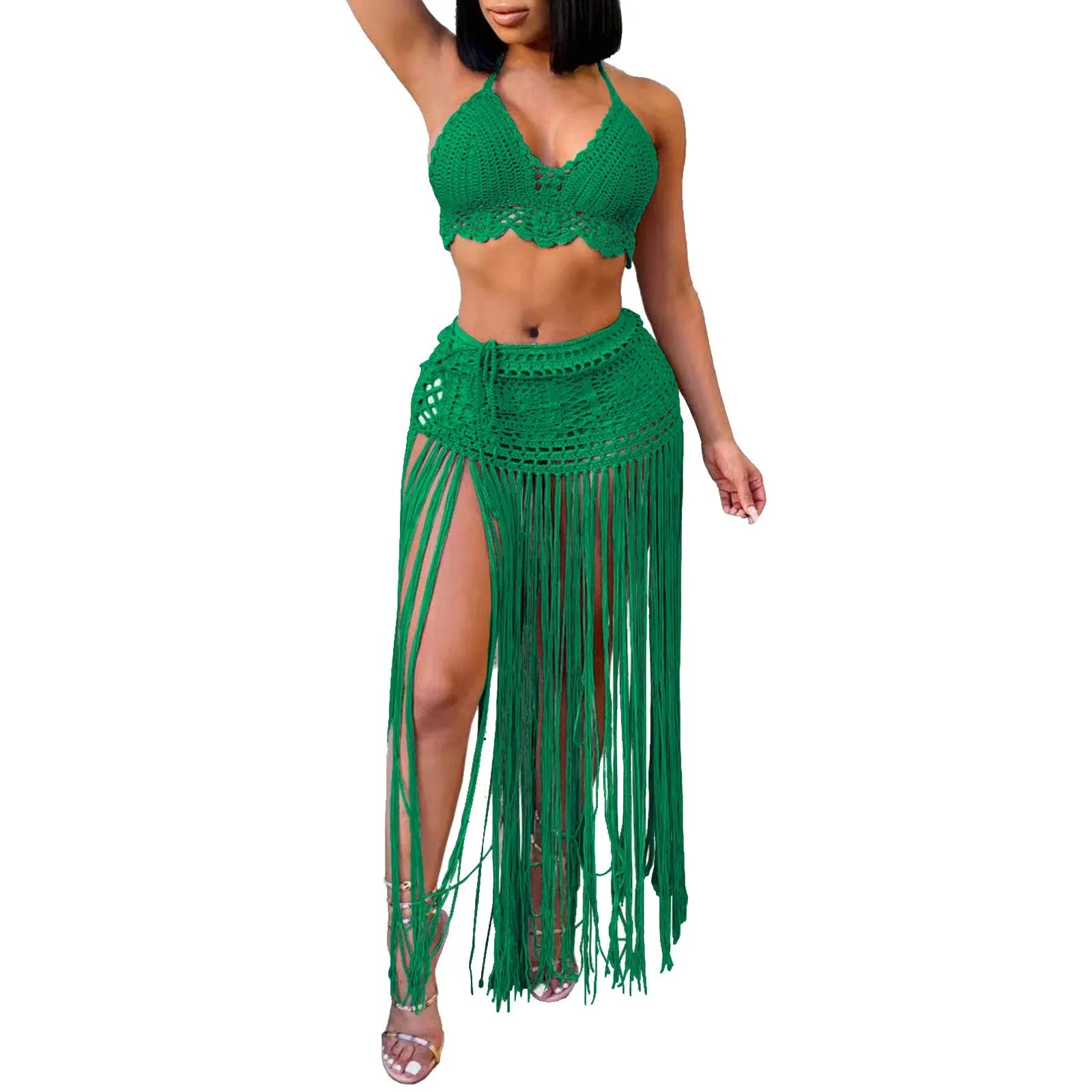 Women'S Two Piece Swimsuit Beach Cover Up Fashion Solid Colour Knitted High Waist Tassel Long Skirt Swimsuit Cover Up Bikini - The Genie Store