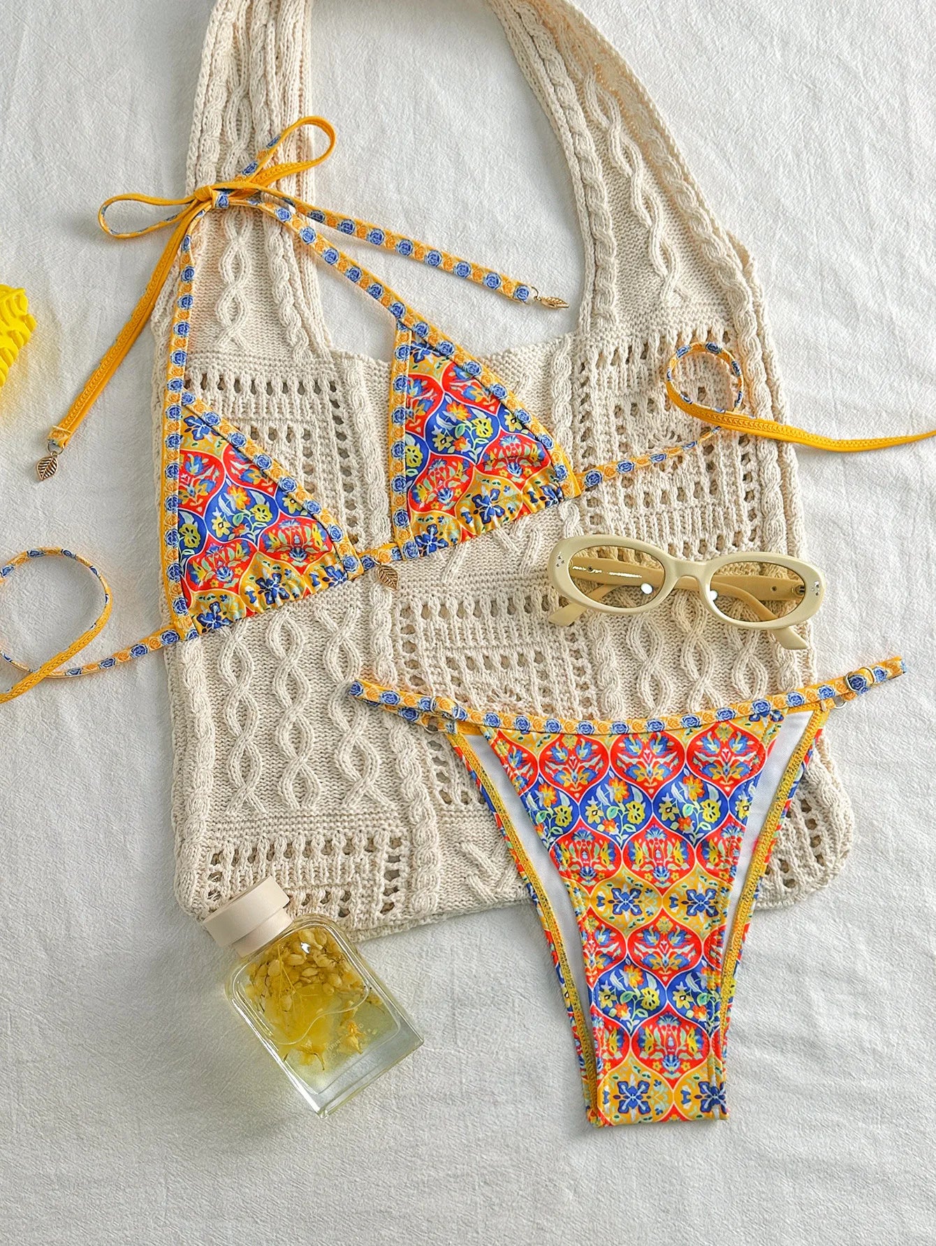 Women Yellow Bikini Set Retro Print 2 Piece Swimsuit 2025 New Triangle Halter Backless Thong Beach Swimwear Bathing Suit - The Genie Store