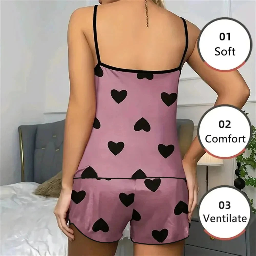 Women's Pajama Set Pajamas T-Shirts Shorts Pink Heart-Shaped Print Round Neck T-Shirt Ice Silk Top Comfortable Casual Summer  - The Genie Store