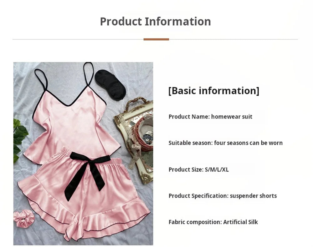 Women's Smooth Satin Pajamas V-Neck T-Shirt Ruffled Edges And Bow Shorts Simple And Breathable Pajama Set Sling Home Clothing - The Genie Store