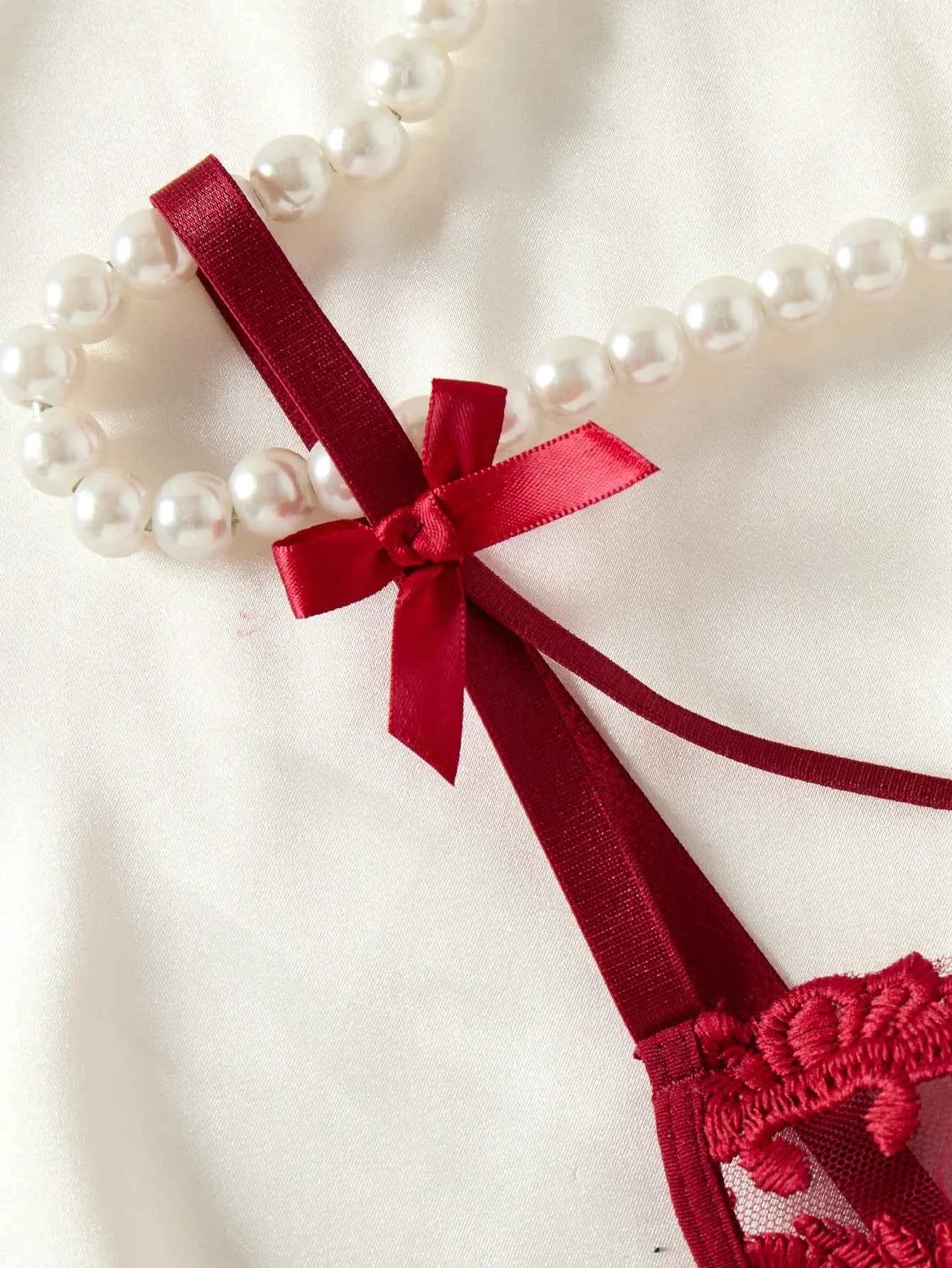 Ladies' wine red countryside style wheat ear embroidery semi transparent nightgown, elegant and comfortable, bow design