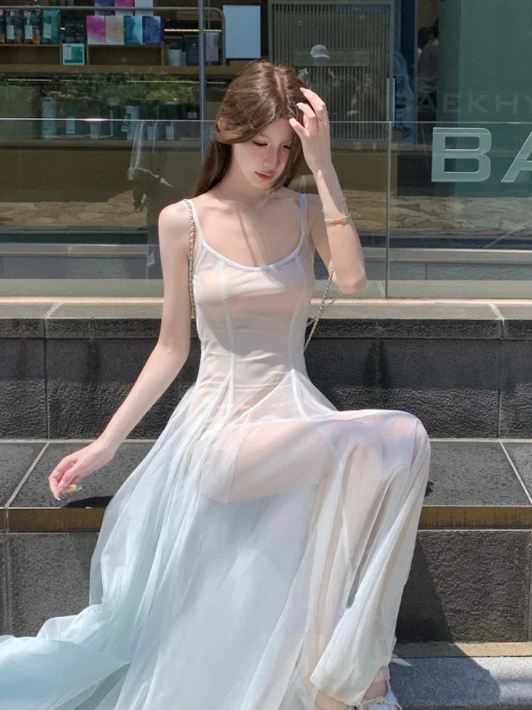 Korean Style Sweet Women's Mesh Backless Suspender Dress Summer New Fashion Y2K Party Women Waist Up Vacation Style Midi Dress - The Genie Store