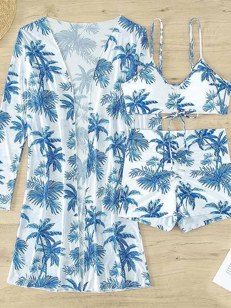 Women's Fashion Draw Rope Swimsuit Print High Waist Long Sleeve Smock Split Three Piece Bikini Set Swimwear - The Genie Store