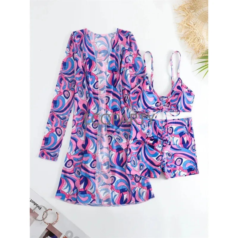 Women's Fashion Draw Rope Swimsuit Print High Waist Long Sleeve Smock Split Three Piece Bikini Set Swimwear - The Genie Store