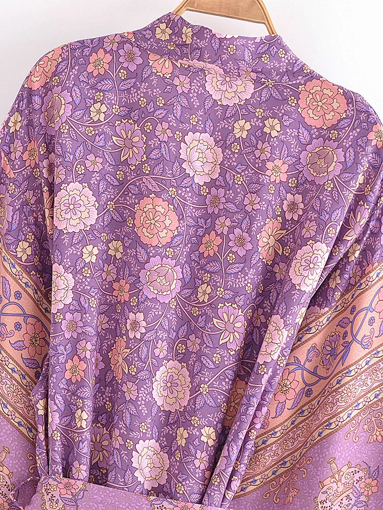 Vintage Chic Women Pink Floral Print Sashes Bohemian Kimono Ladies V Neck Batwing Sleeves Rayon Boho Robe Bikini Cover-ups - The Genie Store