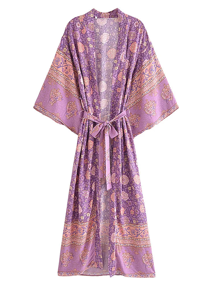 Vintage Chic Women Pink Floral Print Sashes Bohemian Kimono Ladies V Neck Batwing Sleeves Rayon Boho Robe Bikini Cover-ups - The Genie Store