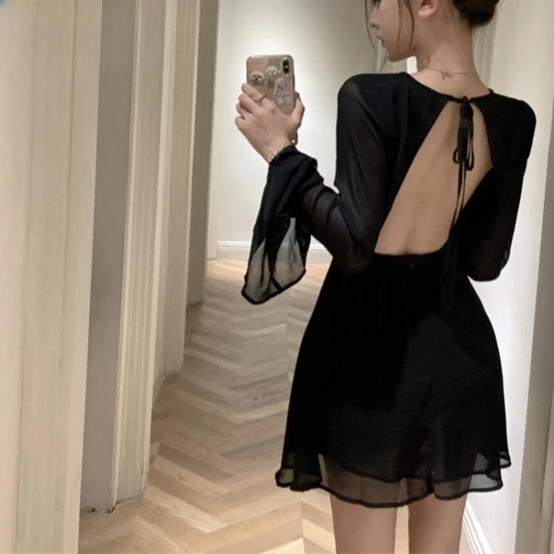 Solid Dresses Women Mini Retro Summer Spicy Ladies Backless Lace-up Sexy Designed Long Sleeve Korean Style Elegant Vintage Ins - The Genie Store