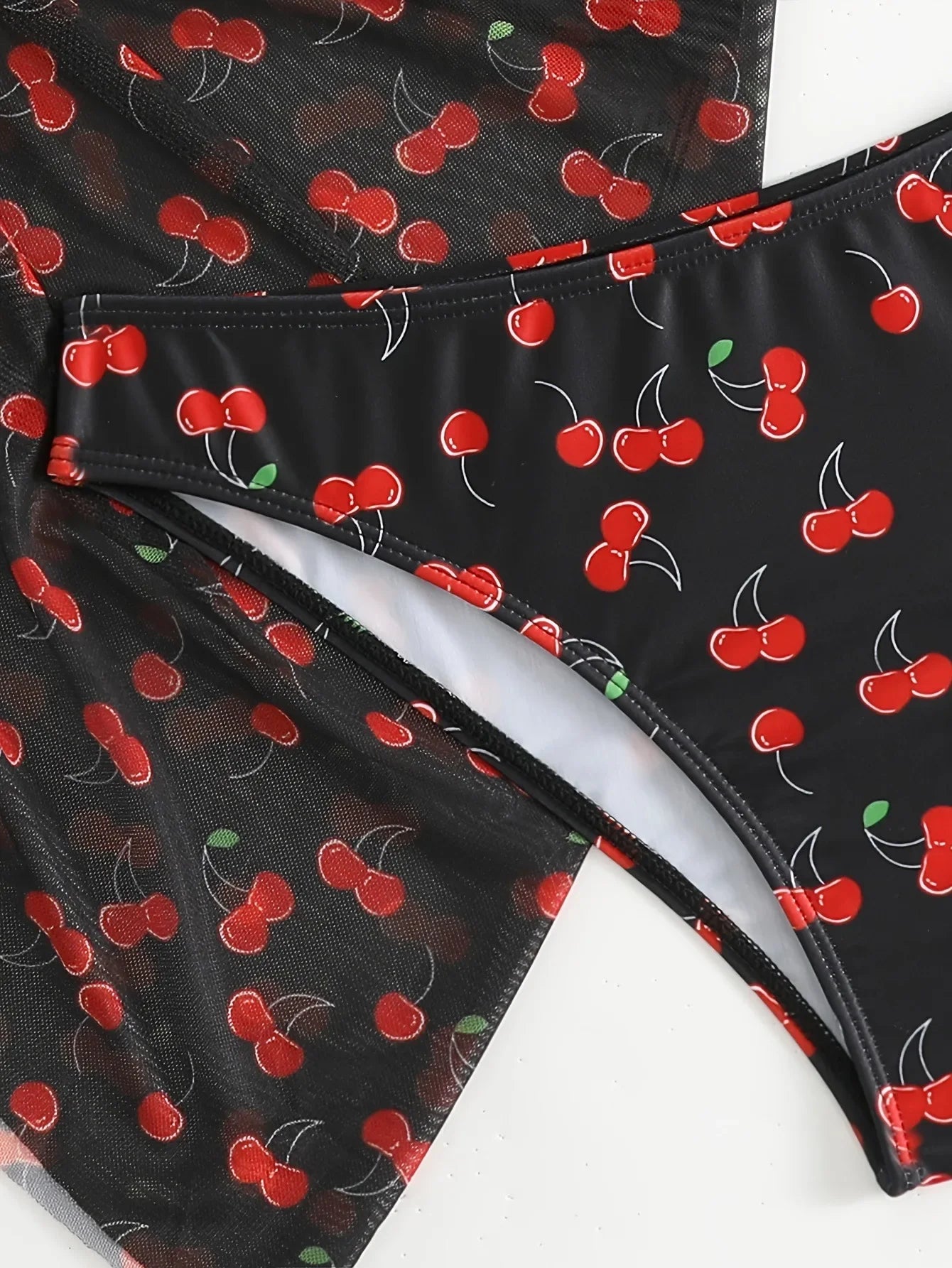 With Mesh Sarong Skirt Cherry Printed Bikini Female Swimsuit Women Swimwear Three Pieces Bikini Set Bathing Suit Swim Beachwear - The Genie Store