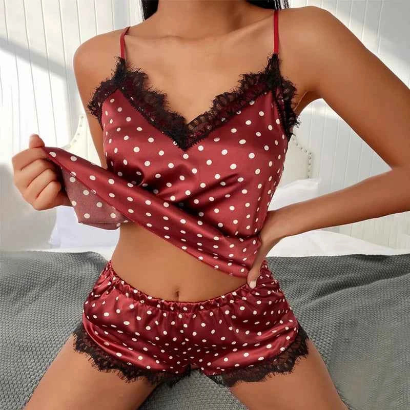 Elegant Dreams Women's Satin V-Neck Babydoll Lingerie Set with Lace & Bowknot - Stylish Sleep Shorts & Chic Sleepwear - The Genie Store