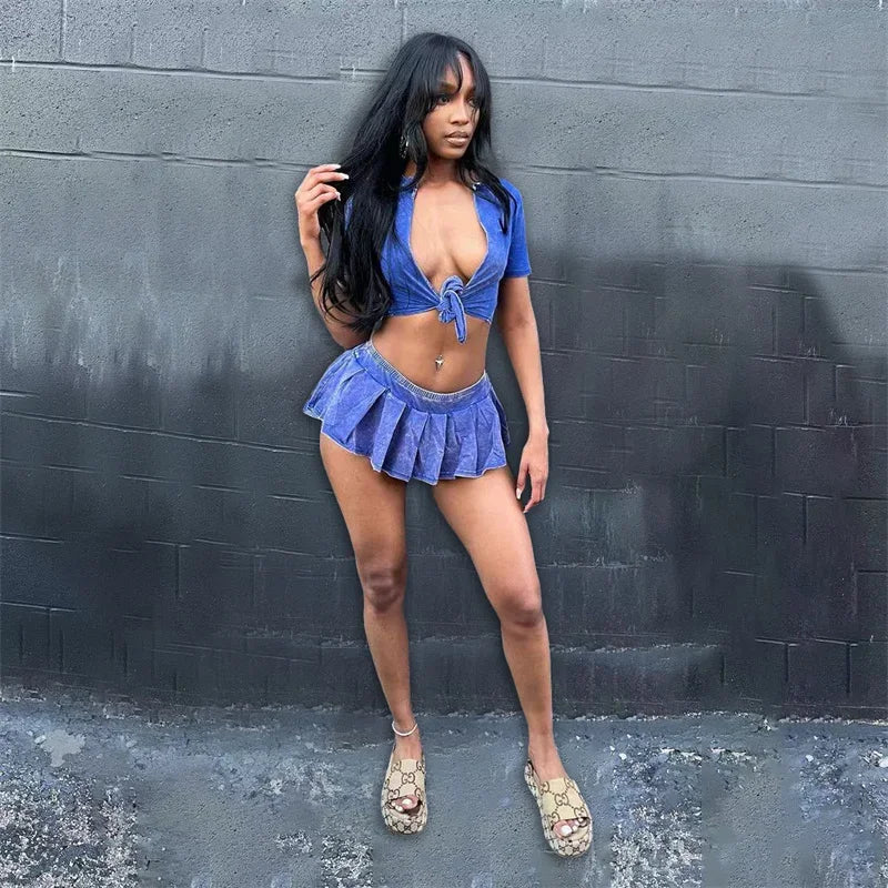 Streetwear Party Club Co Ord Sets for Women 2 Piece Set Outfit Summer Lace-up Crop Top and Mini Skirt Sets Conjuntos Para Vestir - The Genie Store